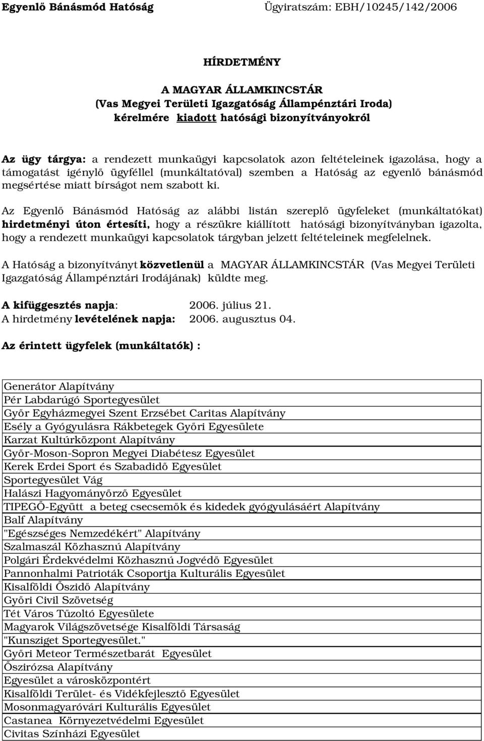 ki. Az Egyenlő Bánásmód Hatóság az alábbi listán szereplő ügyfeleket (munkáltatókat) hirdetményi úton értesíti, hogy a részükre kiállított hatósági bizonyítványban igazolta, hogy a rendezett