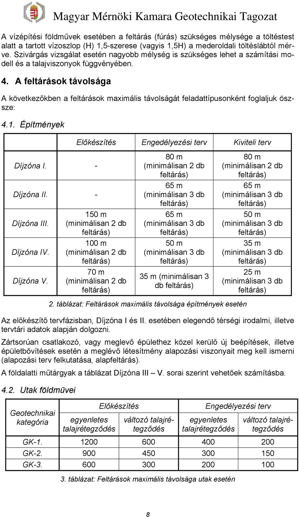 A feltárások távolsága A következőkben a feltárások maximális távolságát feladattípusonként foglaljuk öszsze: 4.1. Építmények Előkészítés Engedélyezési terv Kiviteli terv Díjzóna I. - Díjzóna II.