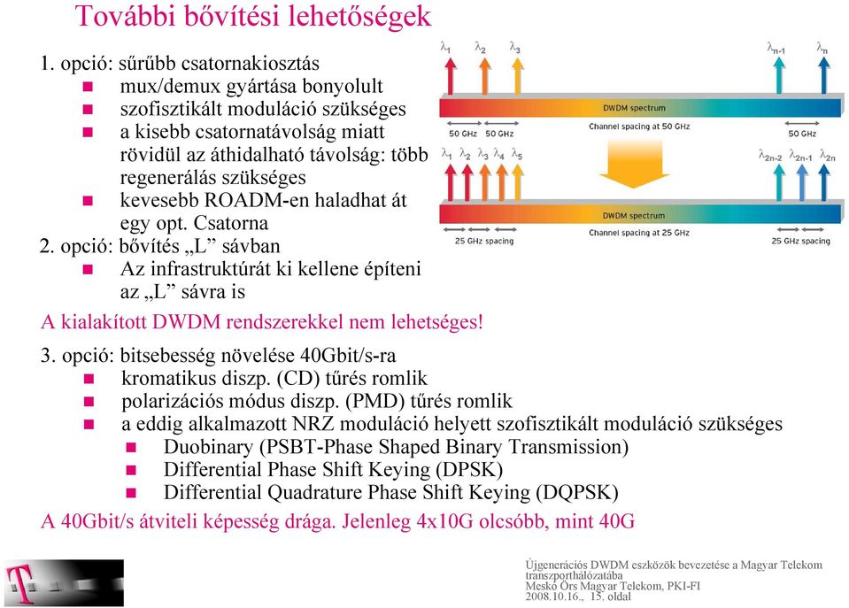 haladhat át egy opt. Csatorna 2. opció: bővítés L sávban Az infrastruktúrát ki kellene építeni az L sávra is A kialakított DWDM rendszerekkel nem lehetséges! 3.