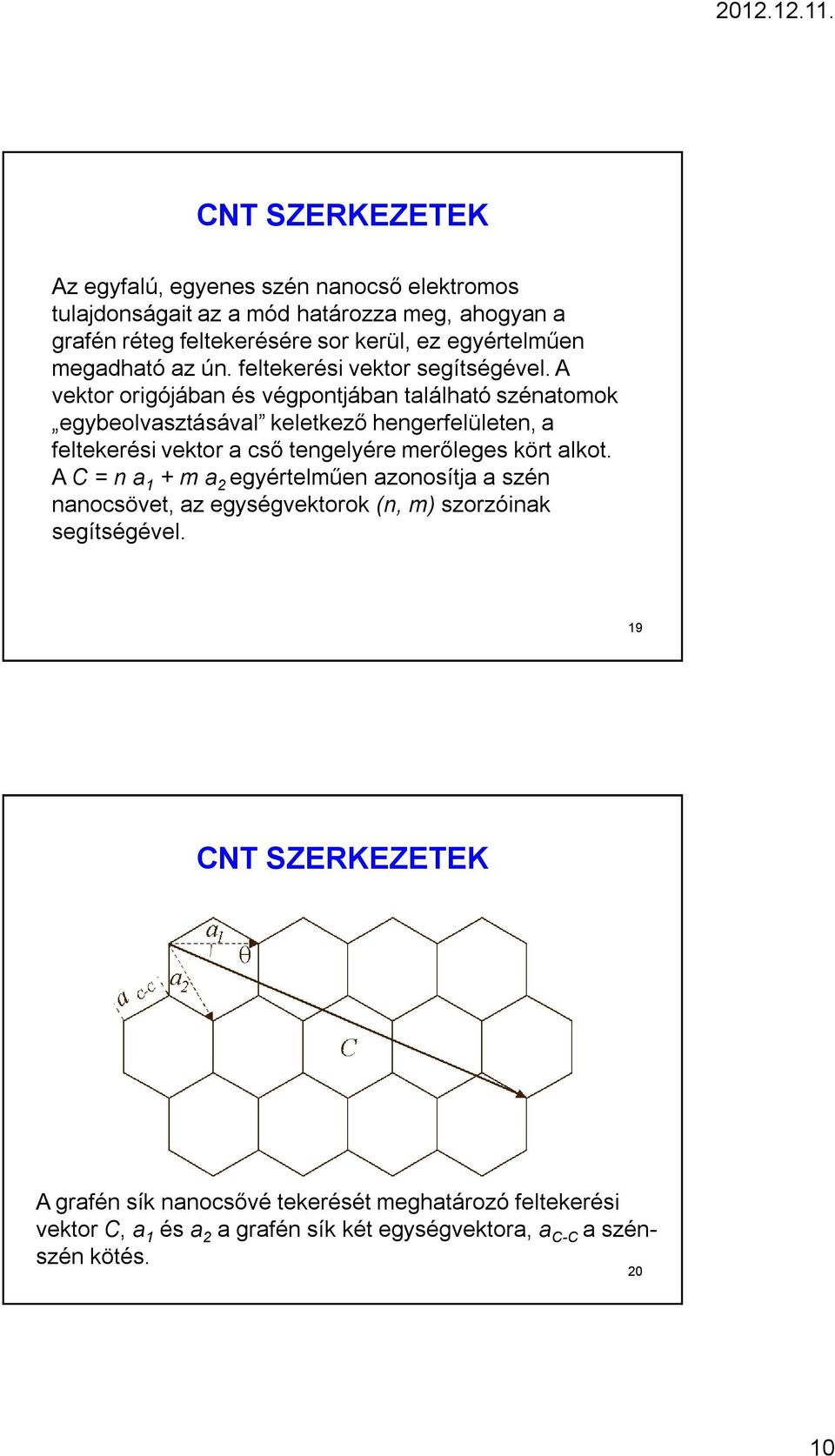 A vektor origójában és végpontjában található szénatomok egybeolvasztásával keletkező hengerfelületen, a feltekerési vektor a cső tengelyére merőleges kört alkot.