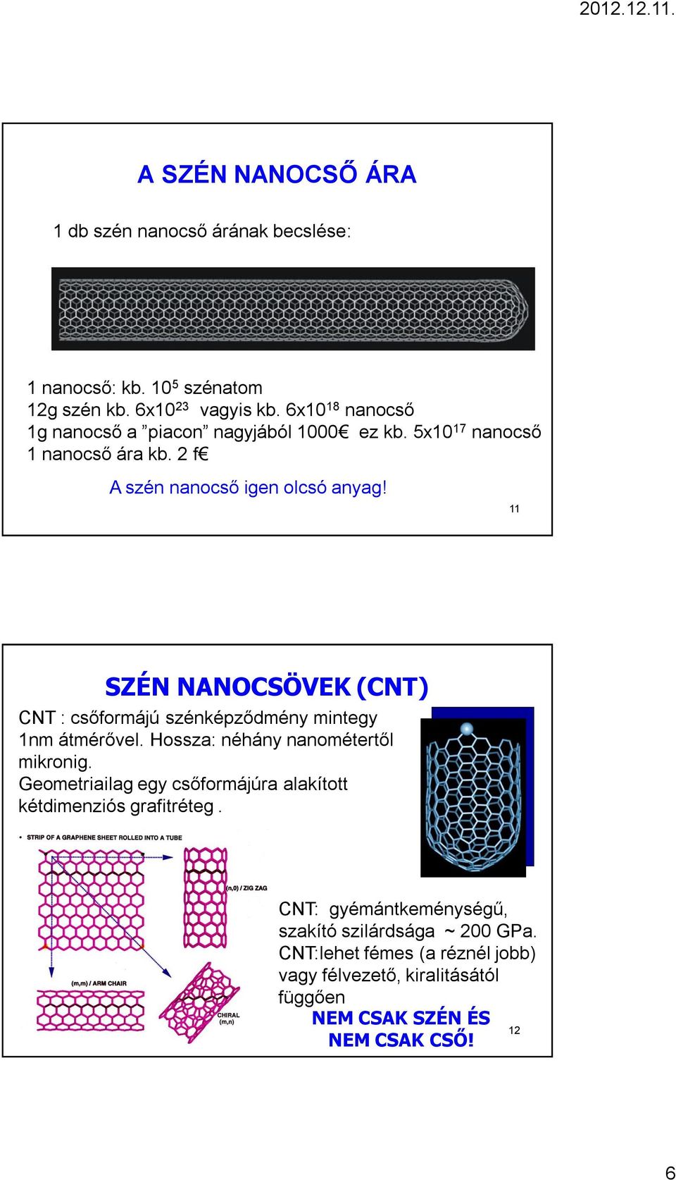 11 SZÉN NANOCSÖVEK (CNT) CNT : csőformájú szénképződmény mintegy 1nm átmérővel. Hossza: néhány nanométertől mikronig.