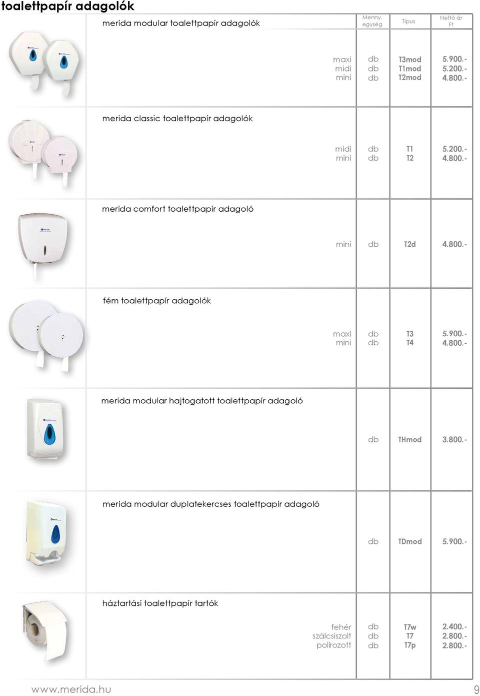 900.- 4.800.- merida modular hajtogatott toalettpapír adagoló THmod merida modular duplatekercses toalettpapír adagoló TDmod 3.