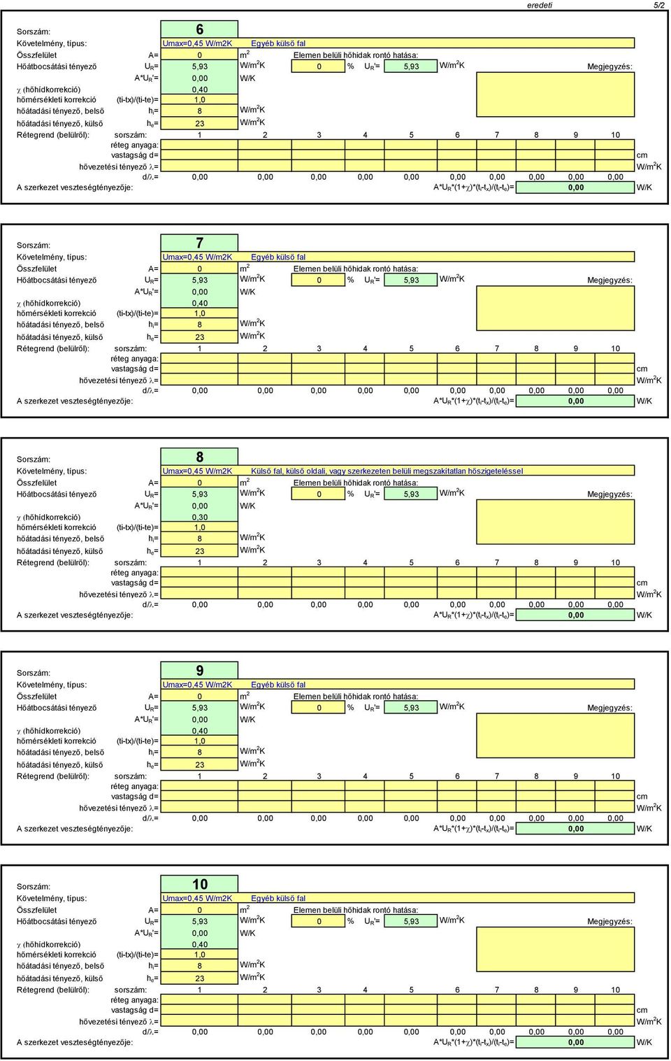 5,93 Megjegyzés: A*UR'=, c (hőhídkorrekció),4 hőmérsékleti korrekció (ti-tx)/(ti-te)= 1, hőátadási tényező, belső hi= 8 hőátadási tényező, külső he= 23 A szerkezet veszteségtényezője: