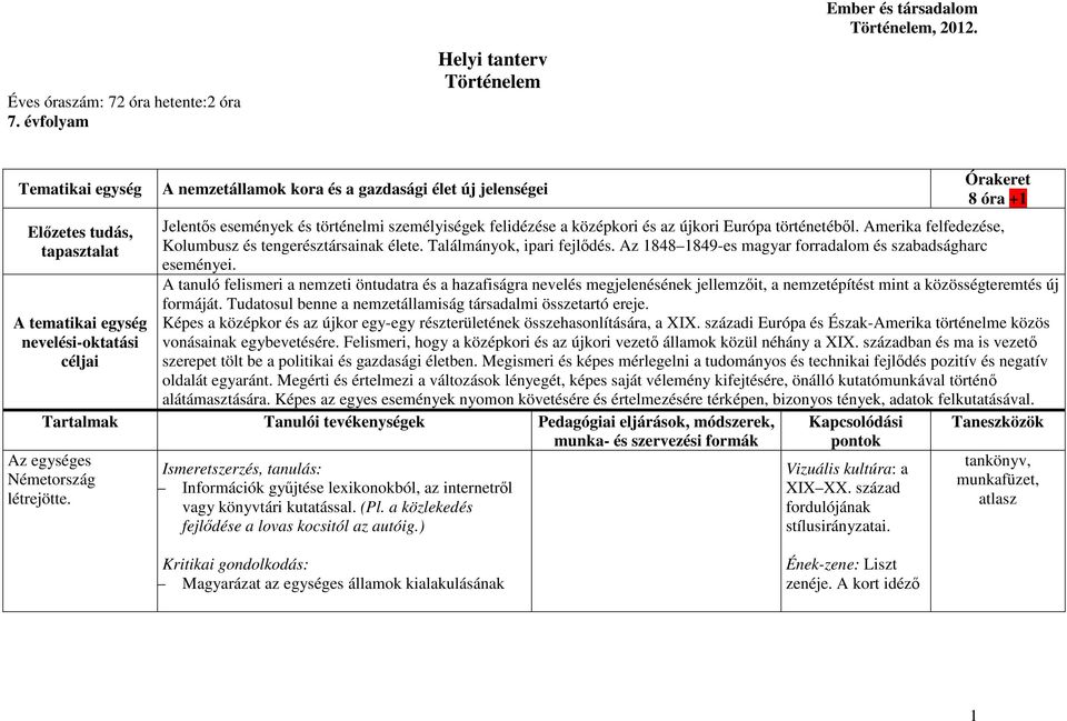 történetéből. Amerika felfedezése, Kolumbusz és tengerésztársainak élete. Találmányok, ipari fejlődés. Az 1848 1849-es magyar forradalom és szabadságharc eseményei.