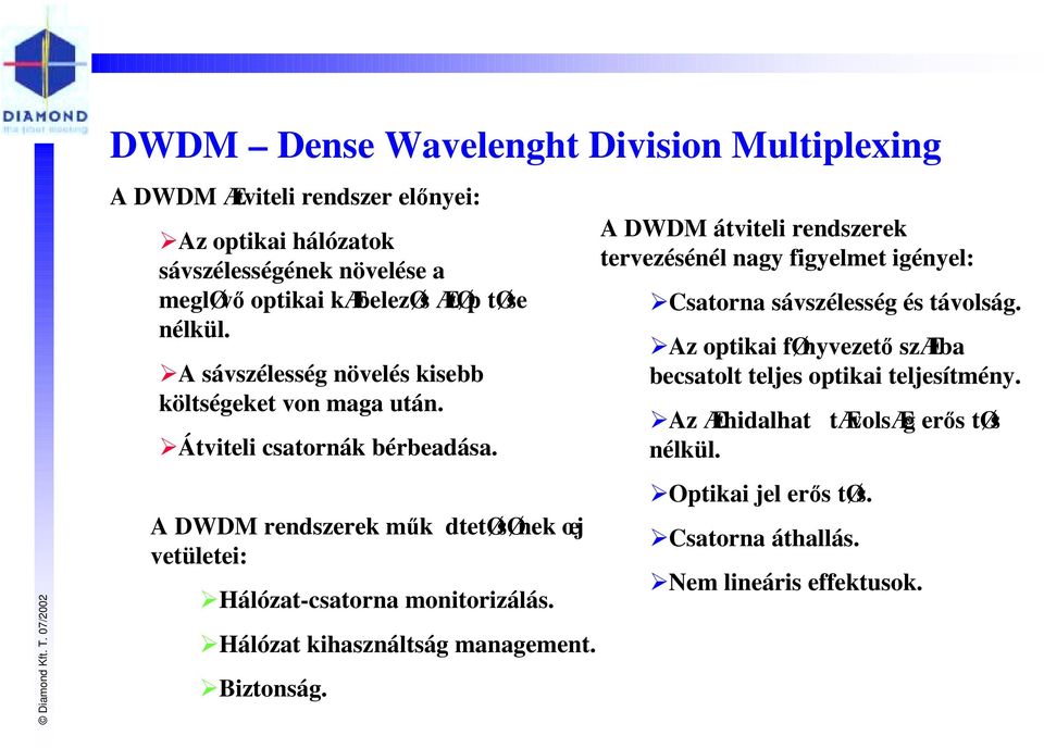 !átviteli csatornák bérbeadása. A DWDM rendszerek műk dtetøsønek œj vetületei:!hálózat-csatorna monitorizálás.!hálózat kihasználtság management.!biztonság.