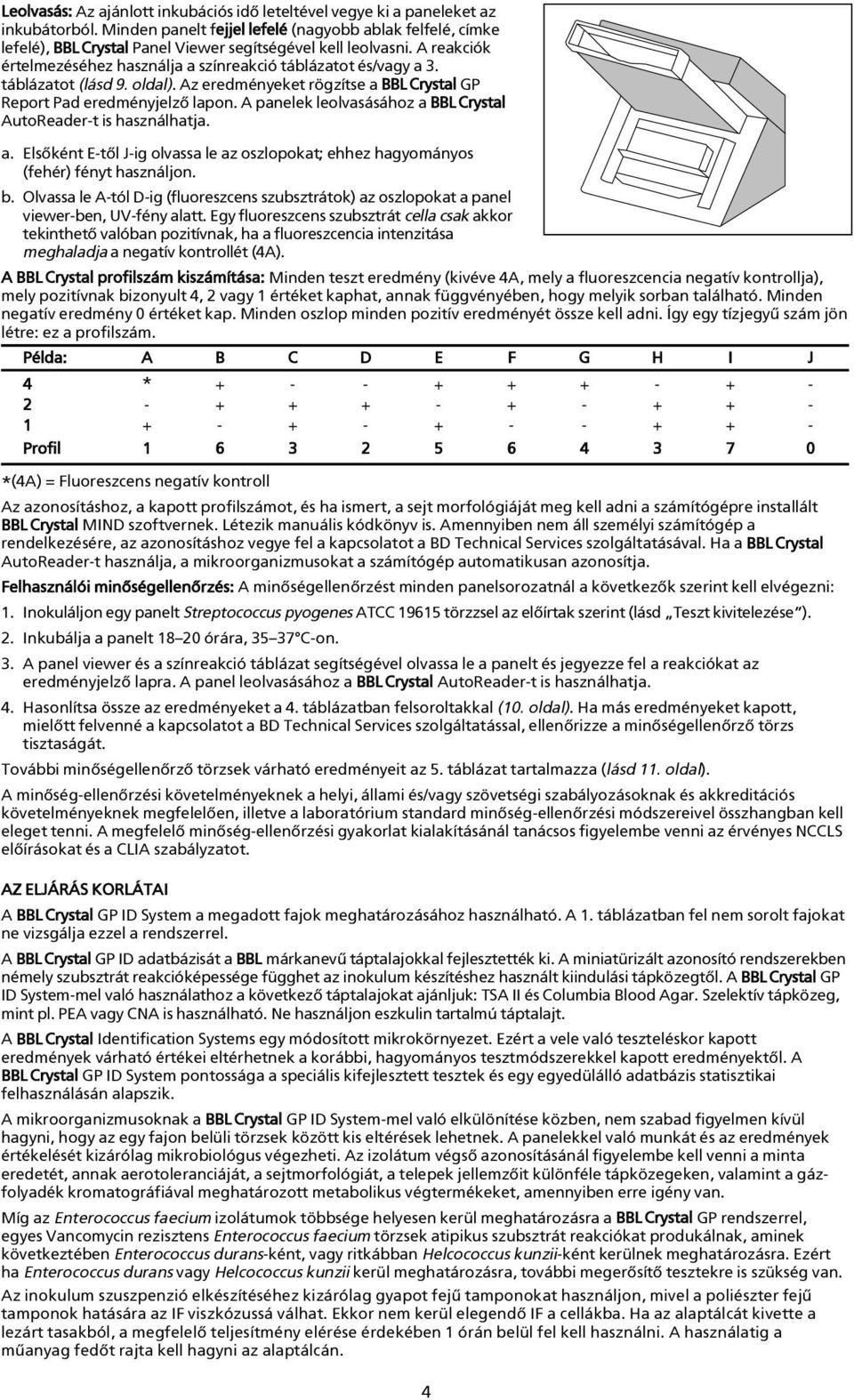 táblázatot (lásd 9. oldal). Az eredményeket rögzítse a BBLCrystal GP Report Pad eredményjelzõ lapon. A panelek leolvasásához a BBLCrystal AutoReader-t is használhatja. a. Elsõként E-tõl J-ig olvassa le az oszlopokat; ehhez hagyományos (fehér) fényt használjon.