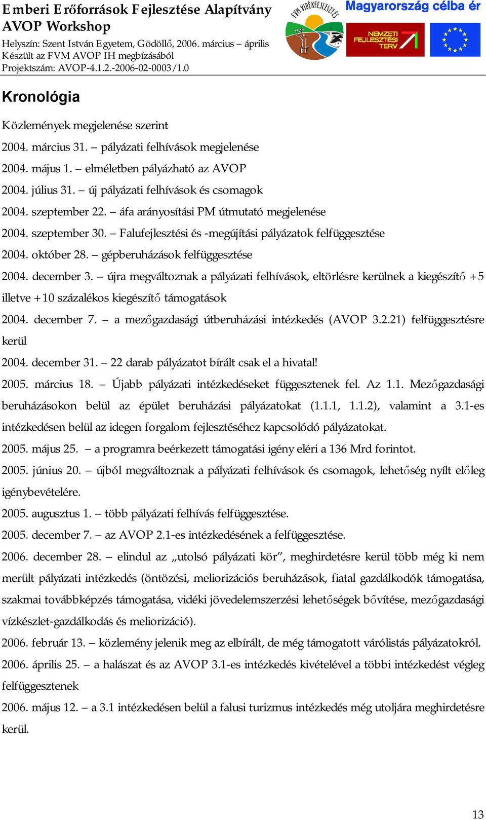 újra megváltoznak a pályázati felhívások, eltörlésre kerülnek a kiegészítő +5 illetve +10 százalékos kiegészítő támogatások 2004. december 7. a mezőgazdasági útberuházási intézkedés (AVOP 3.2.21) felfüggesztésre kerül 2004.