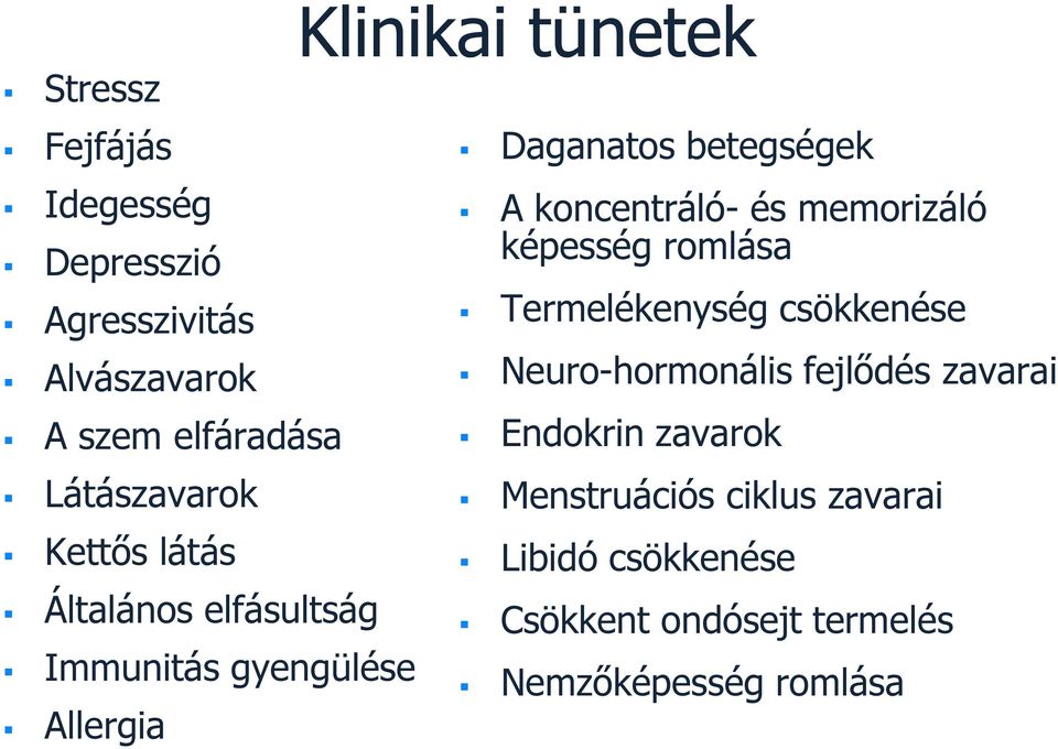 koncentráló- és memorizáló képesség romlása Termelékenység csökkenése Neuro-hormonális fejlődés zavarai