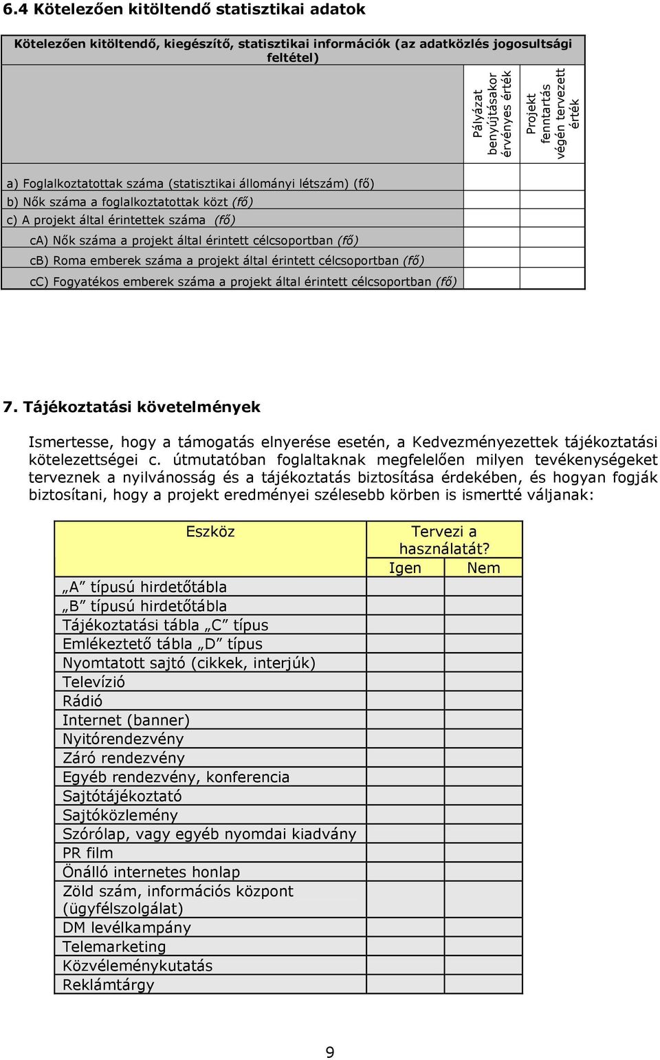 projekt által érintett célcsoportban (fő) cb) Roma emberek száma a projekt által érintett célcsoportban (fő) cc) Fogyatékos emberek száma a projekt által érintett célcsoportban (fő) 7.