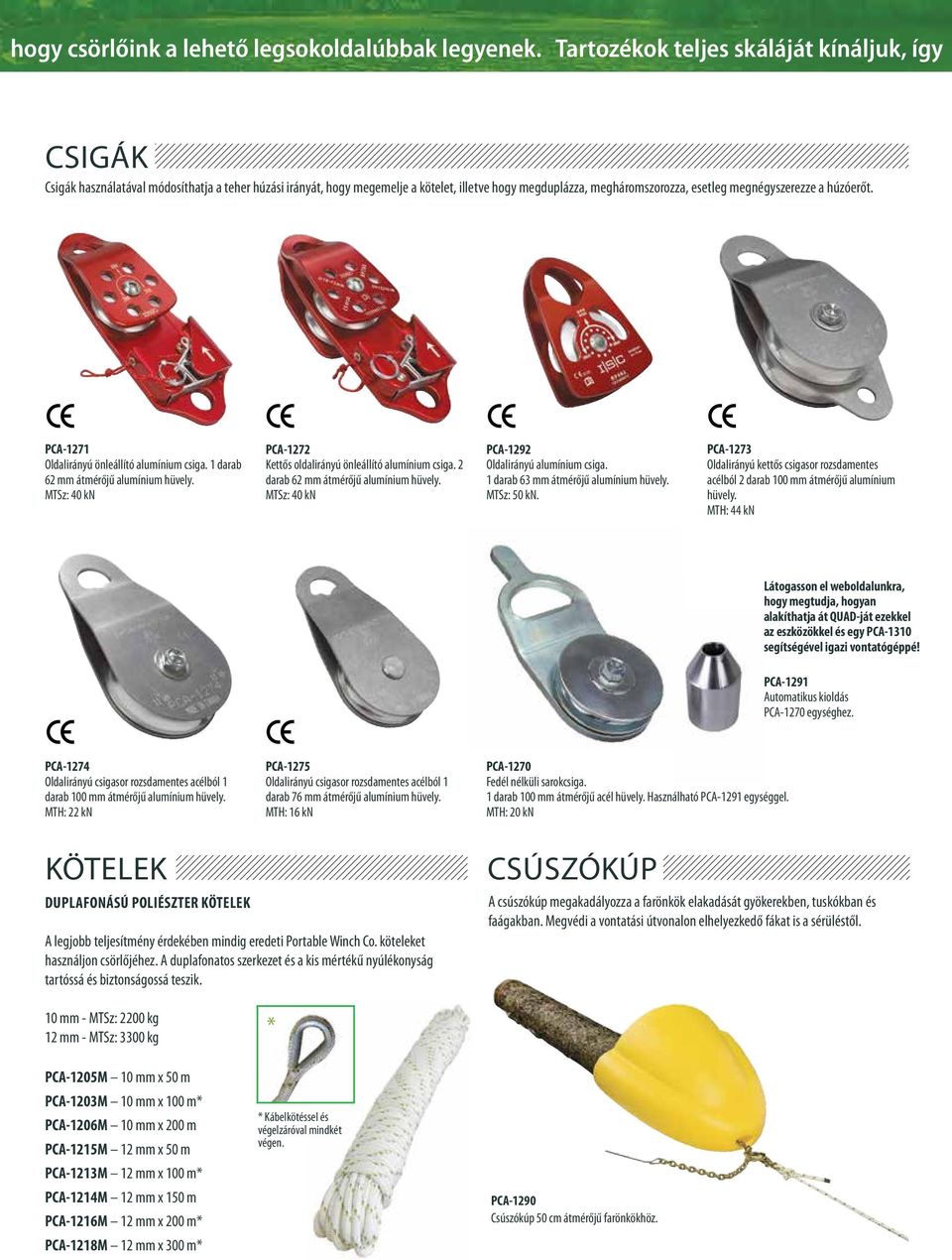 a húzóerőt. PCA-1271 Oldalirányú önleállító alumínium csiga. 1 darab 62 mm átmérőjű alumínium hüvely. MTSz: 40 kn PCA-1272 Kettős oldalirányú önleállító alumínium csiga.