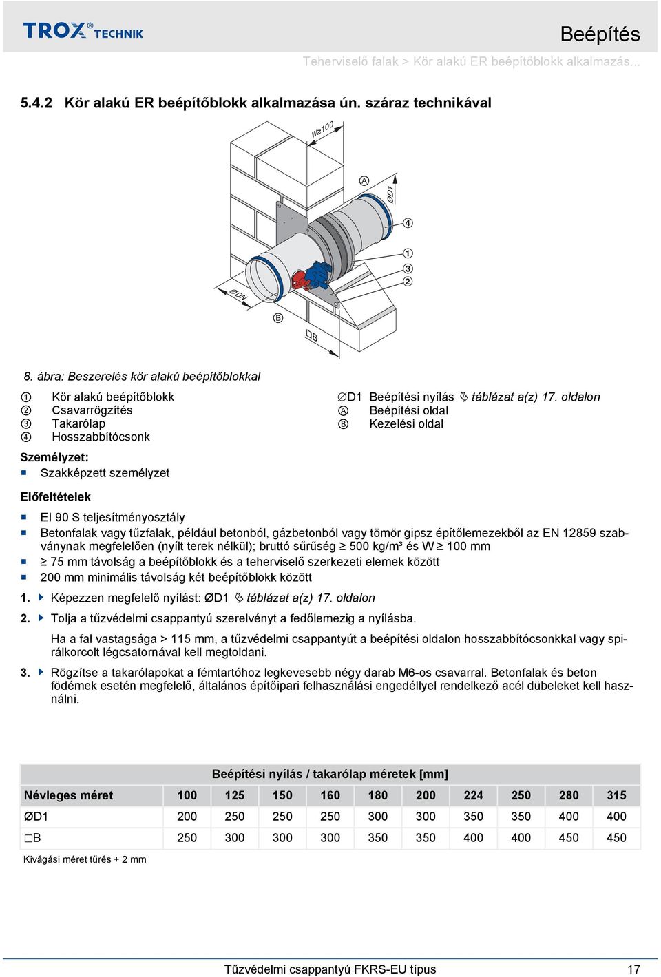 oldalon A Beépítési oldal B Kezelési oldal Előfeltételek EI 90 S teljesítményosztály Betonfalak vagy tűzfalak, például betonból, gázbetonból vagy tömör gipsz építőlemezekből az EN 89 szabványnak