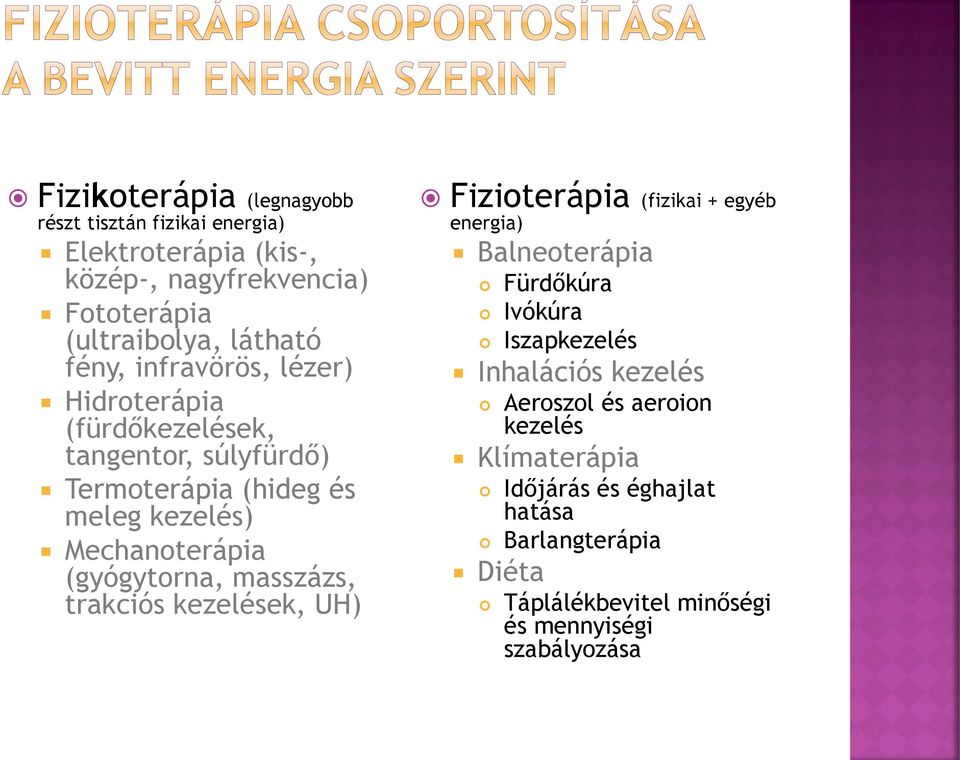 (gyógytorna, masszázs, trakciós kezelések, UH) Fizioterápia (fizikai + egyéb energia) Balneoterápia Fürdőkúra Ivókúra Iszapkezelés