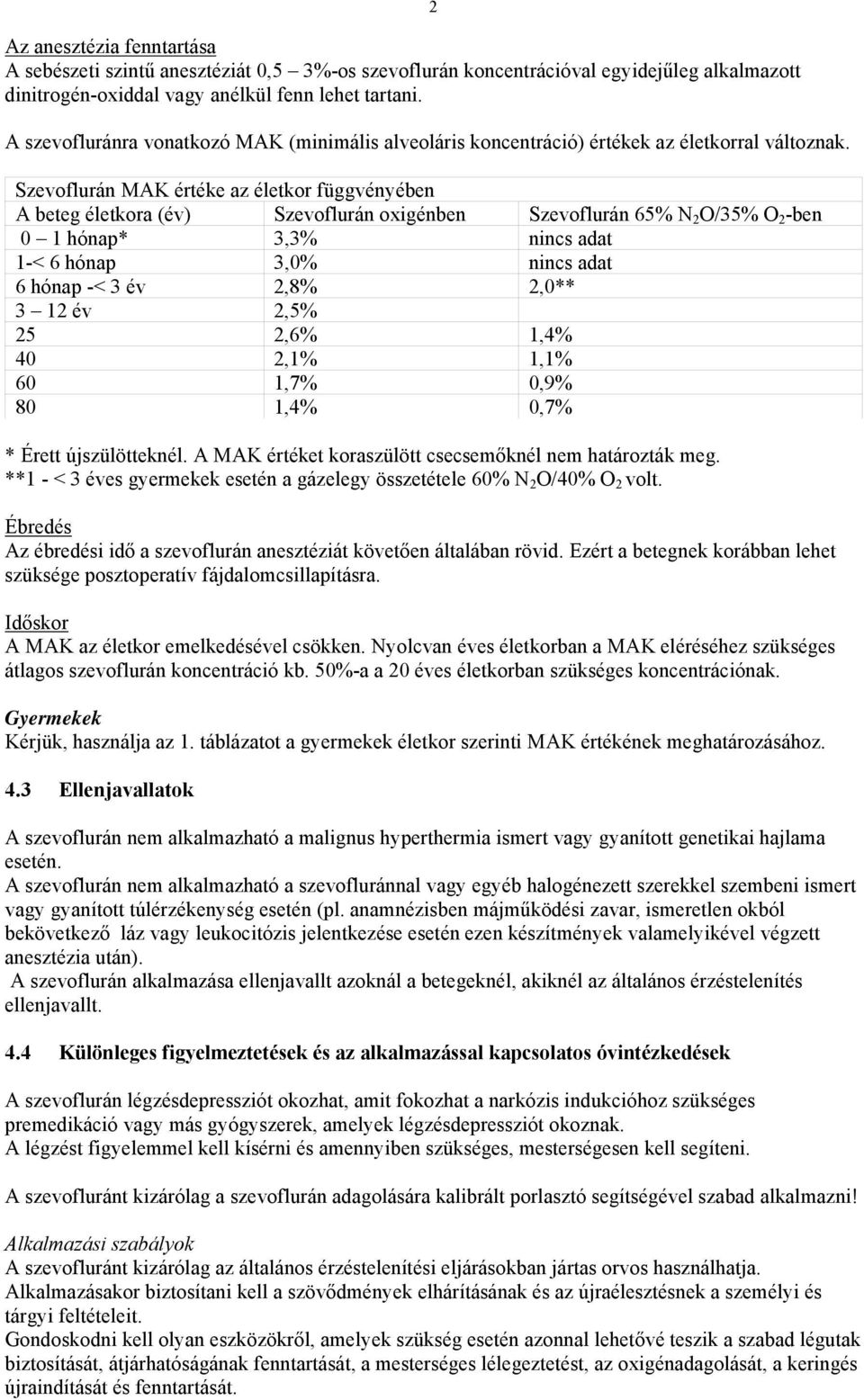 Szevoflurán MAK értéke az életkor függvényében A beteg életkora (év) Szevoflurán oxigénben Szevoflurán 65% N 2 O/35% O 2 -ben 0 1 hónap* 3,3% nincs adat 1-< 6 hónap 3,0% nincs adat 6 hónap -< 3 év