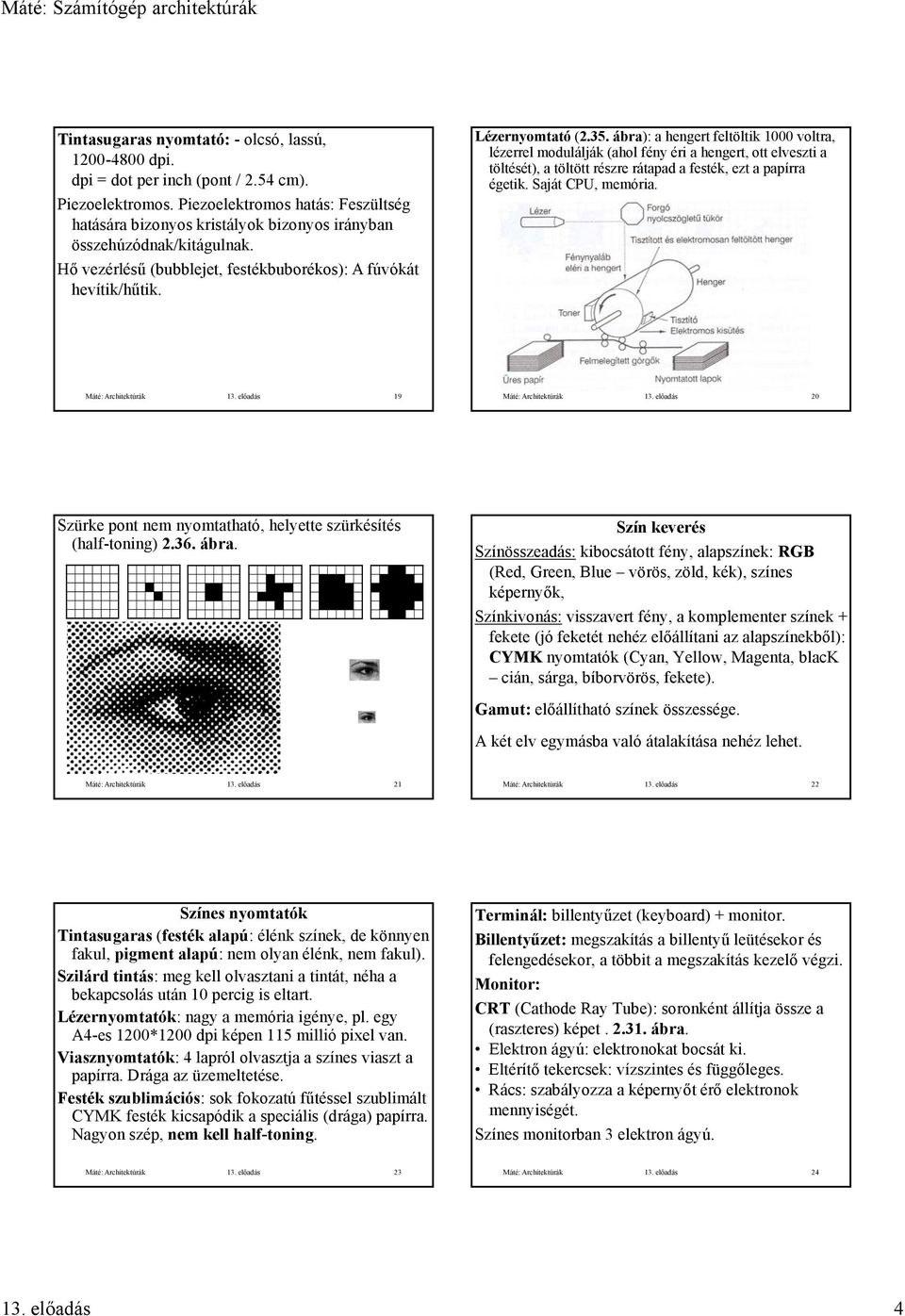 ábra): a hengert feltöltik 000 voltra, lézerrel modulálják (ahol fény éri a hengert, ott elveszti a töltését), a töltött részre rátapad a festék, ezt a papírra égetik. Saját CPU, memória.