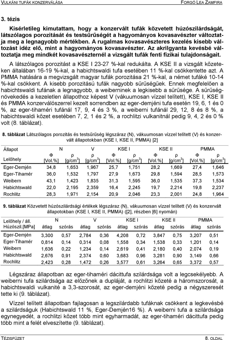 Az akrilgyanta kevésbé változtatja meg mindkét kovasavészternél a vizsgált tufák fenti fizikai tulajdonságait. A látszólagos porozitást a KSE I 23-27 %-kal redukálta.