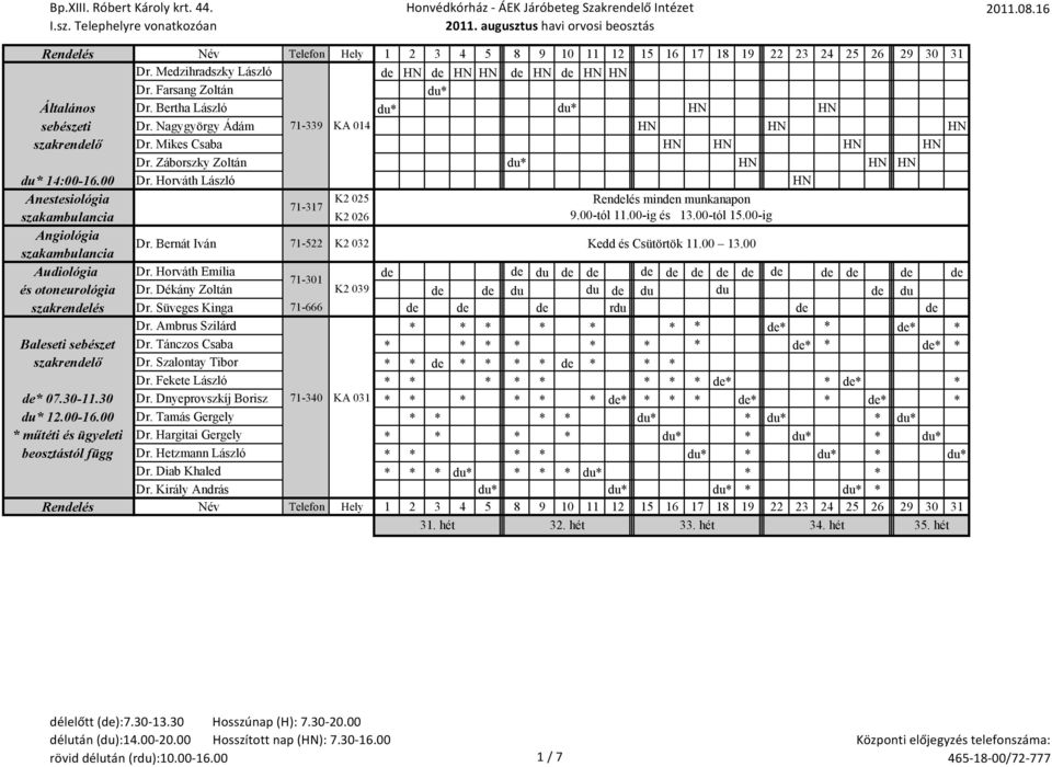 00-ig Angiológia Dr. Bernát Iván 71-522 K2 032 Kedd és Csütörtök 11.00 13.00 Audiológia Dr. Horváth Emília du 71-301 és otoneurológia Dr. Dékány Zoltán K2 039 du du du du du szakrenlés Dr.