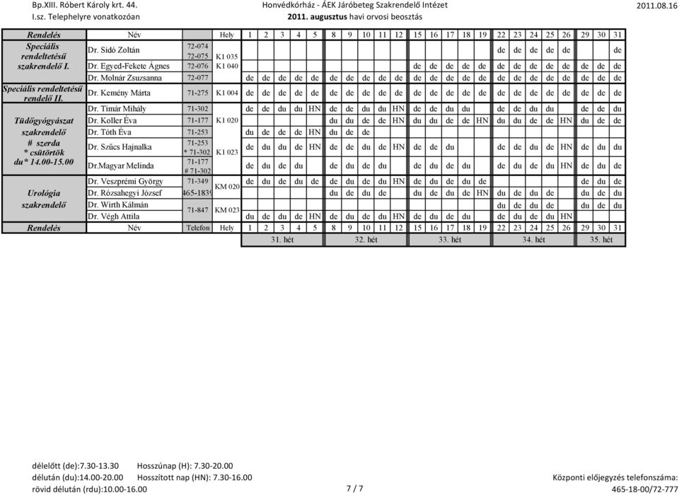 Koller Éva 71-177 K1 020 du du HN du du HN du du HN du szakrenlő Dr. Tóth Éva 71-253 du HN du # szerda 71-253 Dr. Szűcs Hajnalka * csütörtök * 71-302 K1 023 du du HN du HN du du HN du du du* 14.00-15.