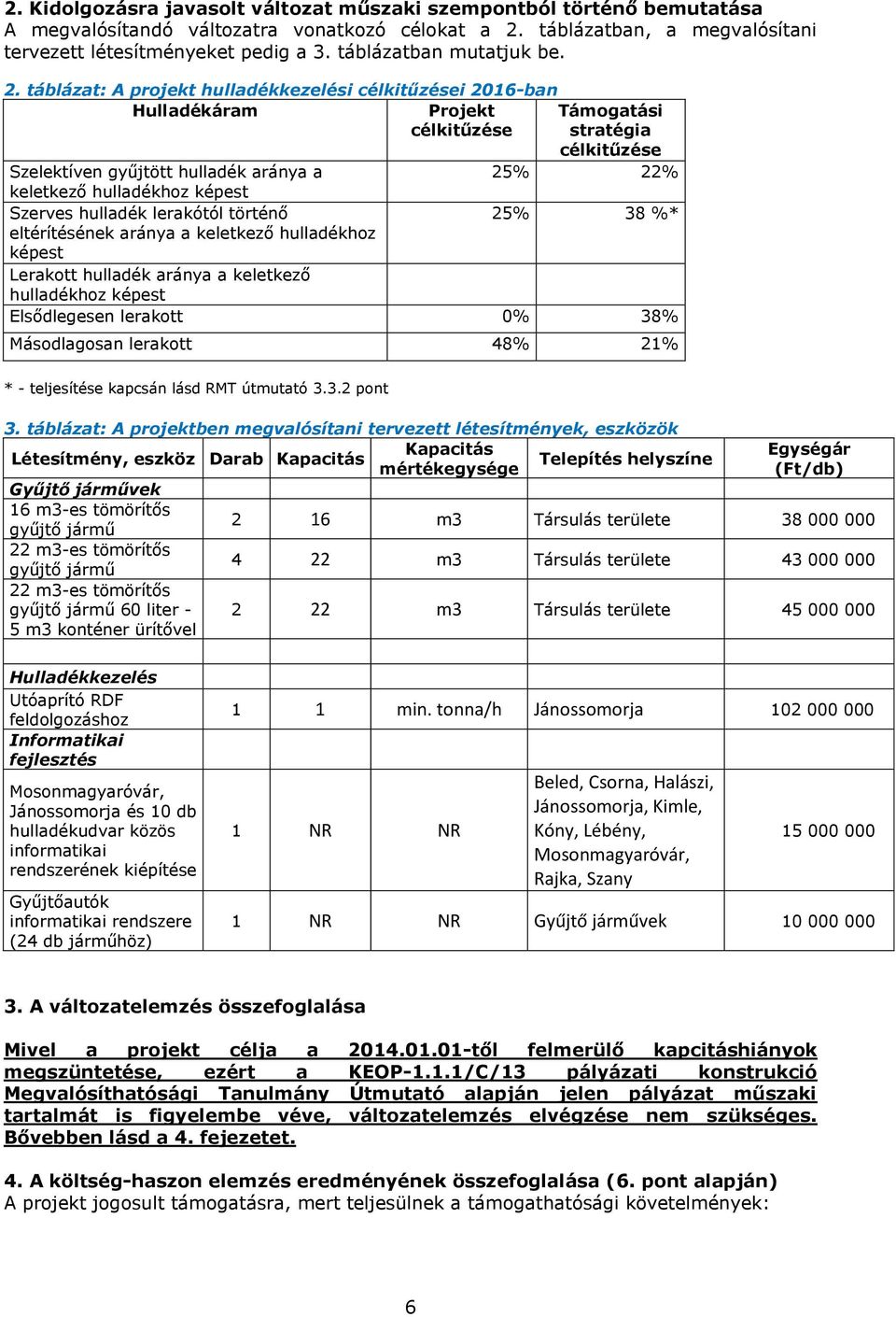 táblázat: A projekt hulladékkezelési célkitűzései 2016-ban Hulladékáram Projekt célkitűzése Támogatási stratégia célkitűzése Szelektíven gyűjtött hulladék aránya a 25% 22% keletkező hulladékhoz