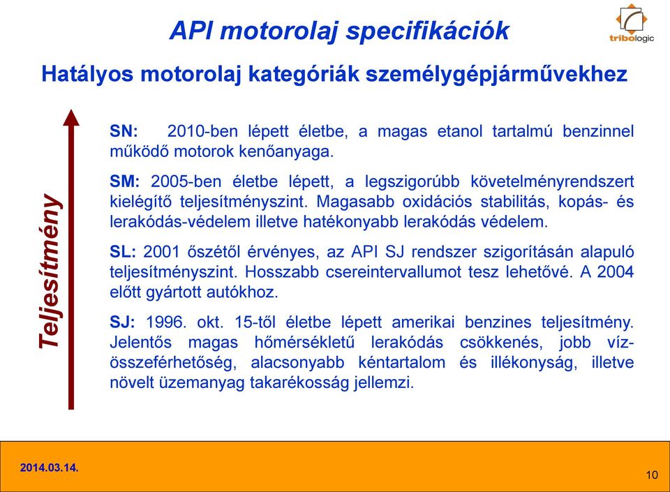 SL: 2001 őszétől érvényes, az API SJ rendszer szigorításán alapuló teljesítményszint. Hosszabb csereintervallumot tesz lehetővé. A 2004 előtt gyártott autókhoz. SJ: 1996. okt.