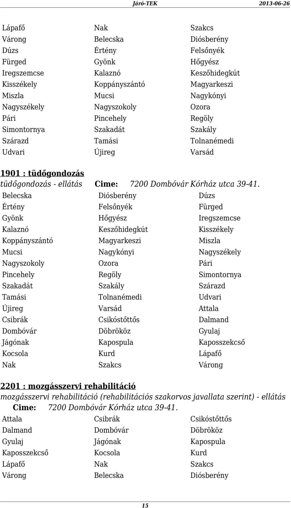 Gyönk Hőgyész Iregszemcse Kalaznó Keszőhidegkút Kisszékely Mucsi Nagykónyi Nagyszékely Szakadát Szakály Szárazd Tamási Tolnanémedi Udvari Varsád Attala Csibrák