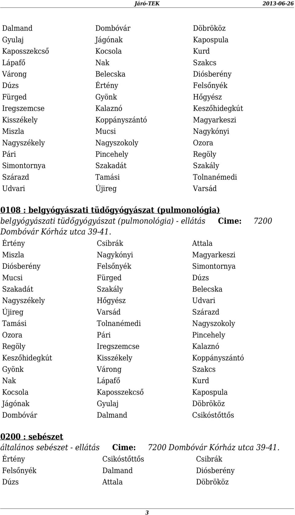 Értény Csibrák Attala Miszla Nagykónyi Magyarkeszi Diósberény Felsőnyék Simontornya Mucsi Fürged Dúzs Szakadát Szakály Belecska Nagyszékely Hőgyész Udvari Varsád Szárazd Tamási Tolnanémedi