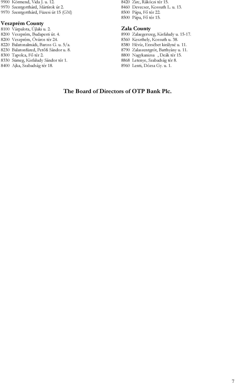 8400 Ajka, Szabadság tér 18. 8420 Zirc, Rákóczi tér 15. 8460 Devecser, Kossuth L. u. 13. 8500 Pápa, Fő tér 22. 8500 Pápa, Fő tér 15. Zala County 8900 Zalaegerszeg, Kisfaludy u. 15-17.