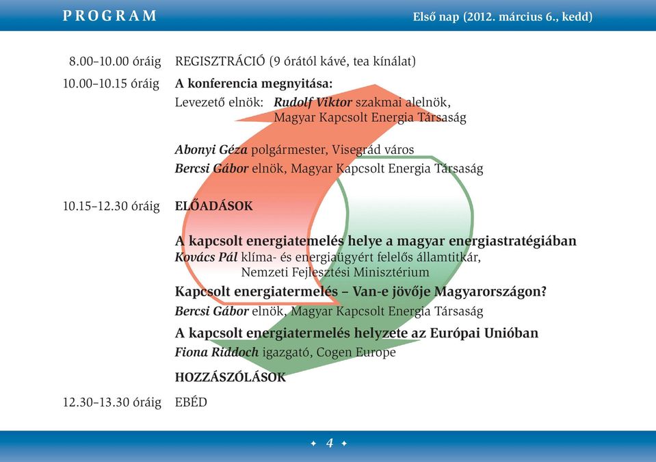 15 óráig A konferencia megnyitása: Levezető elnök: Rudolf Viktor szakmai alelnök, Magyar Kapcsolt Energia Társaság Abonyi Géza polgármester, Visegrád város Bercsi Gábor elnök, Magyar