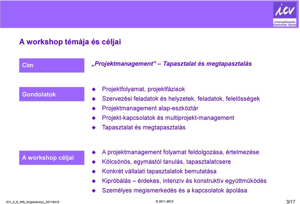 workshop céljai ICV_II_8_WS_forgatokonyv_20110415 A projektmanagement folyamat feldolgozása, értelmezése Kölcsönös, egymástól tanulás, tapasztalatcsere