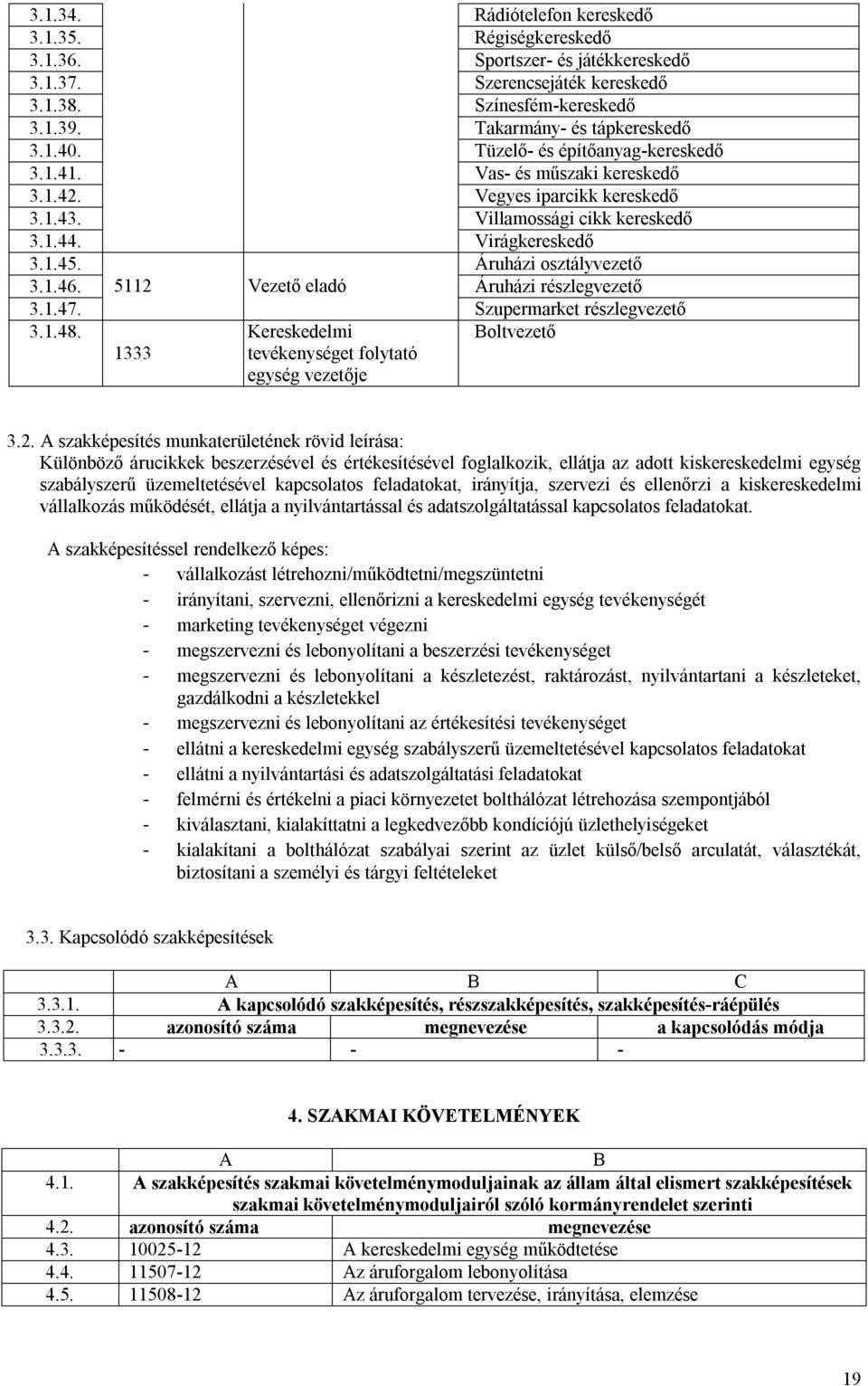 5112 Vezető eladó Áruházi részlegvezető 3.1.47. 3.1.48. 1333 Kereskedelmi tevékenységet folytató egység vezetője Szupermarket részlegvezető Boltvezető 3.2. A szakképesítés munkaterületének rövid