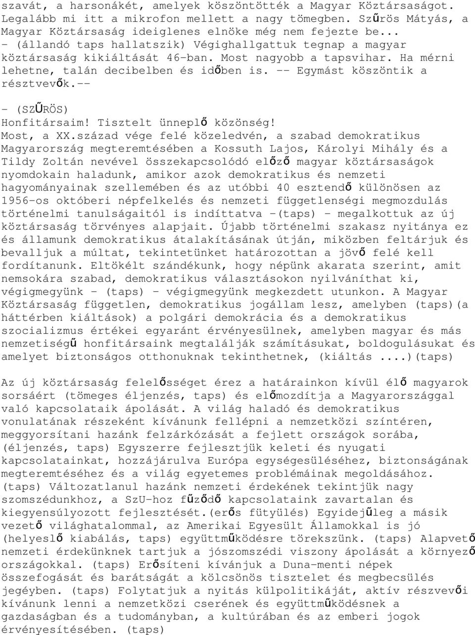 -- Egymást köszöntik a résztvevők.-- - (SZŰRÖS) Honfitársaim! Tisztelt ünnepl ő közönség! Most, a XX.