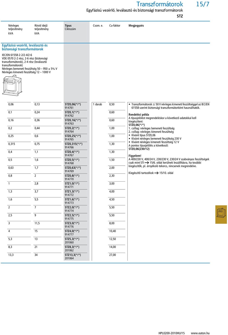 Cu-faktor Megjegyzés kva kva Egyfázisú vezérlő, leválasztó és biztonsági transzformátorok IEC/EN 61558-2-2/2-4/2-6 VDE 0570 2-2 rész, 2-6 rész (biztonsági transzformátorok), 2-4 rész (leválasztó