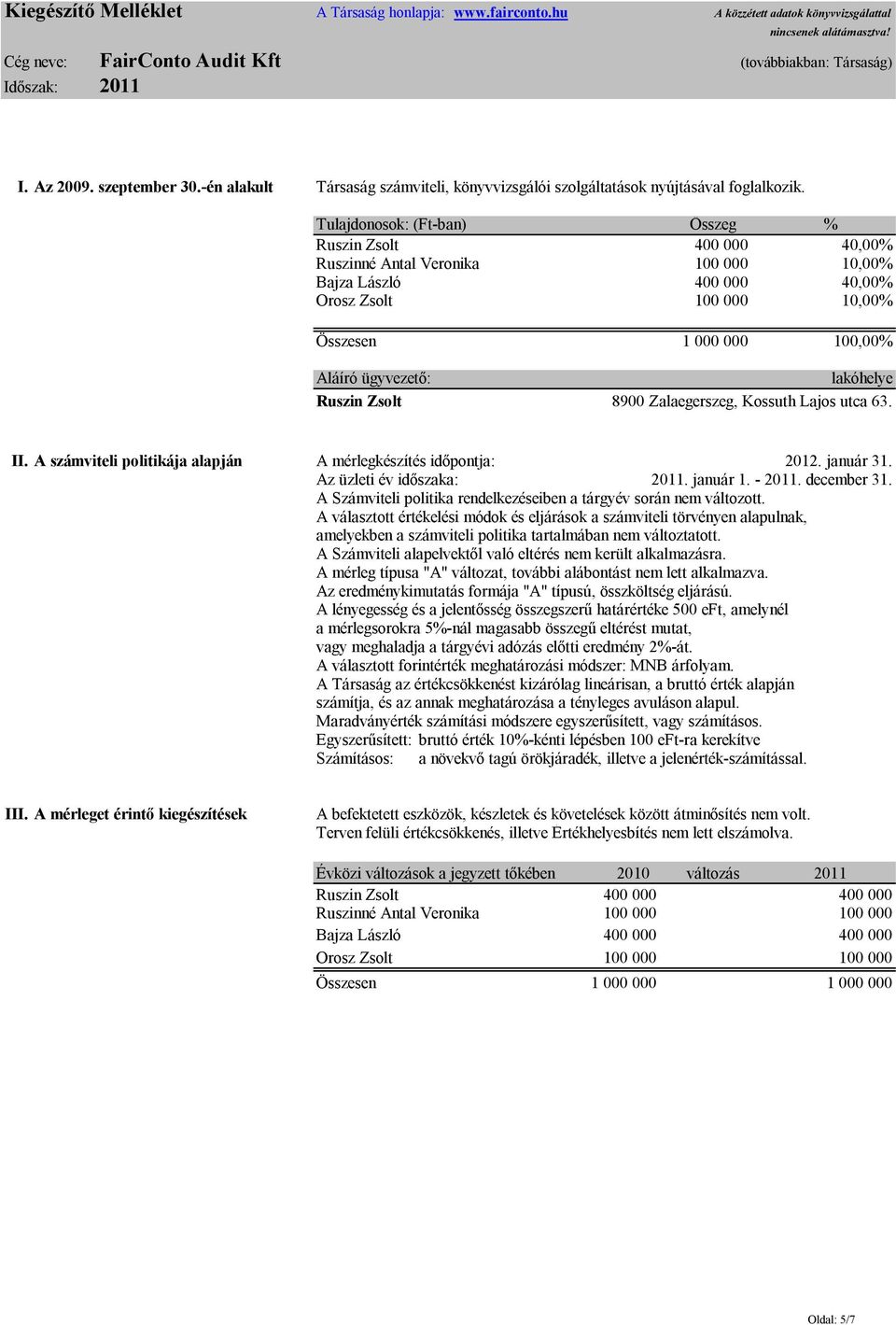 Tulajdonosok: (Ft-ban) Összeg % Ruszin Zsolt 400 000 40,00% Ruszinné Antal Veronika 100 000 10,00% Bajza László 400 000 40,00% Orosz Zsolt 100 000 10,00% Összesen 1 000 000 100,00% Aláíró ügyvezető: