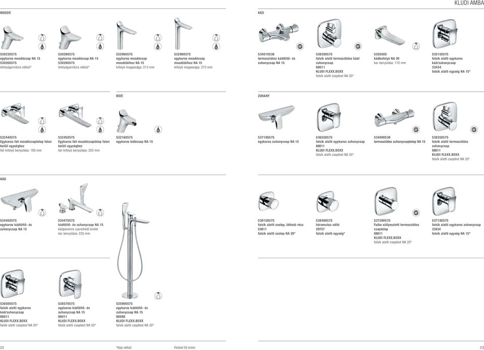 termosztátos kád/ zuhanycsap 5350505 kádbefolyó NA 20 kar benyúlása: 170 mm 535150575 falsík alatti egykaros kád/zuhanycsap 33434 falsík alatti egység NA 15* Bidé Zuhany 532440575 Egykaros fali