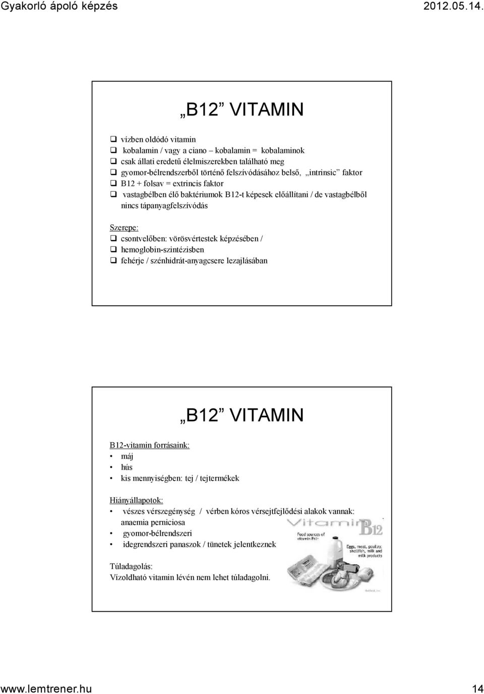 hemoglobin-szintézisben fehérje / szénhidrát-anyagcsere lezajlásában B12 VITAMIN B12-vitamin forrásaink: máj hús kis mennyiségben: tej / tejtermékek Hiányállapotok: vészes vérszegénység / vérben