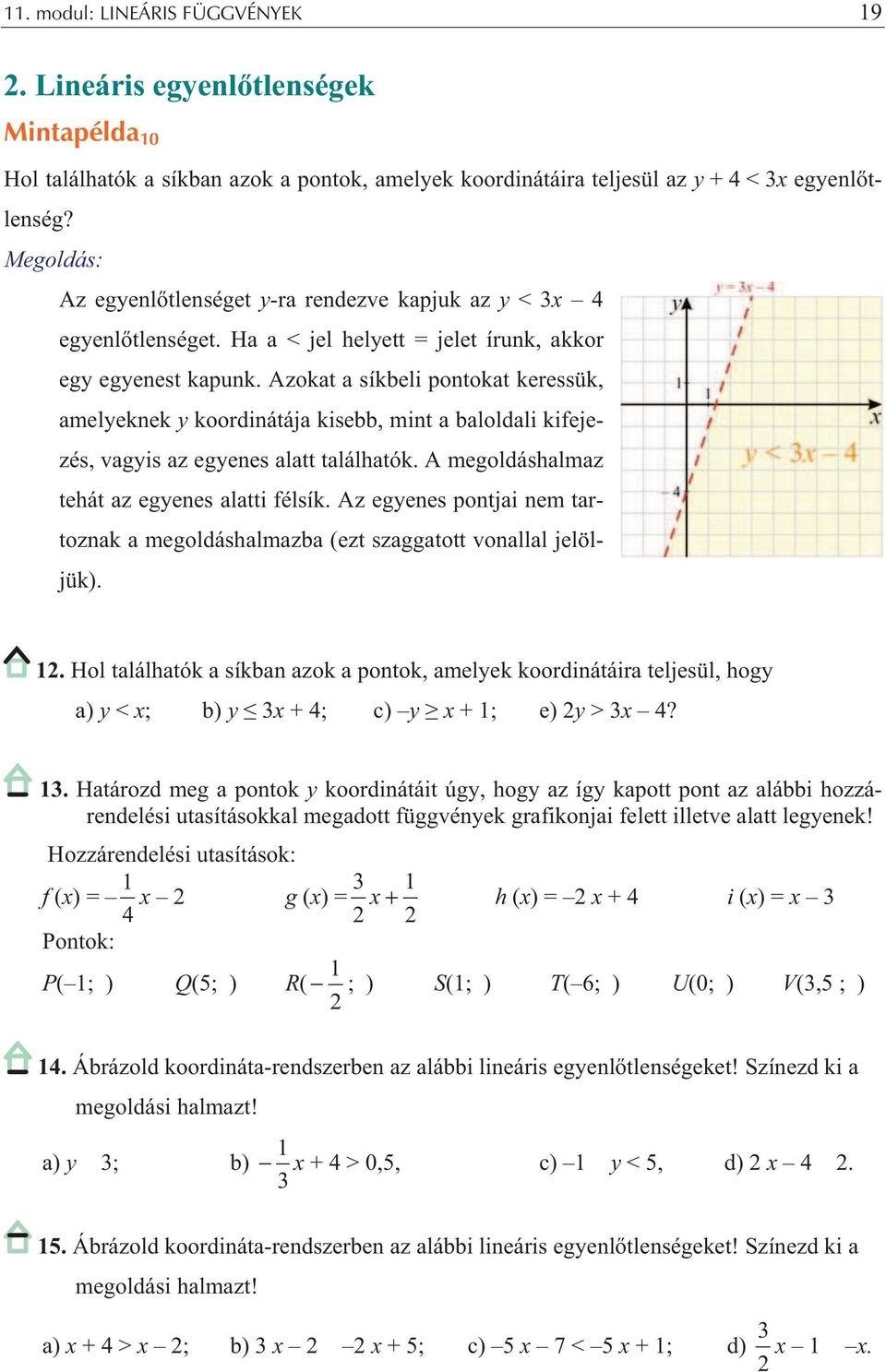 Azokat a síkbeli pontokat keressük, amelyeknek y koordinátája kisebb, mint a baloldali kifejezés, vagyis az egyenes alatt találhatók. A megoldáshalmaz tehát az egyenes alatti félsík.