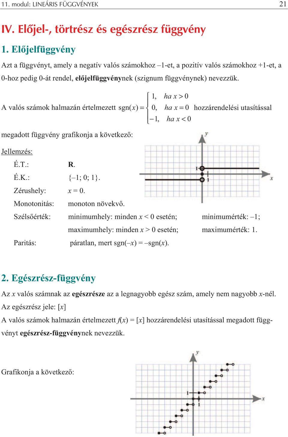 , ha x > 0 A valós számok halmazán értelmezett sgn( x ) = 0, ha x = 0 hozzárendelési utasítással, ha x < 0 megadott függvény grafikonja a következ : Jellemzés: É.T.: R. É.K.: { ; 0; }.