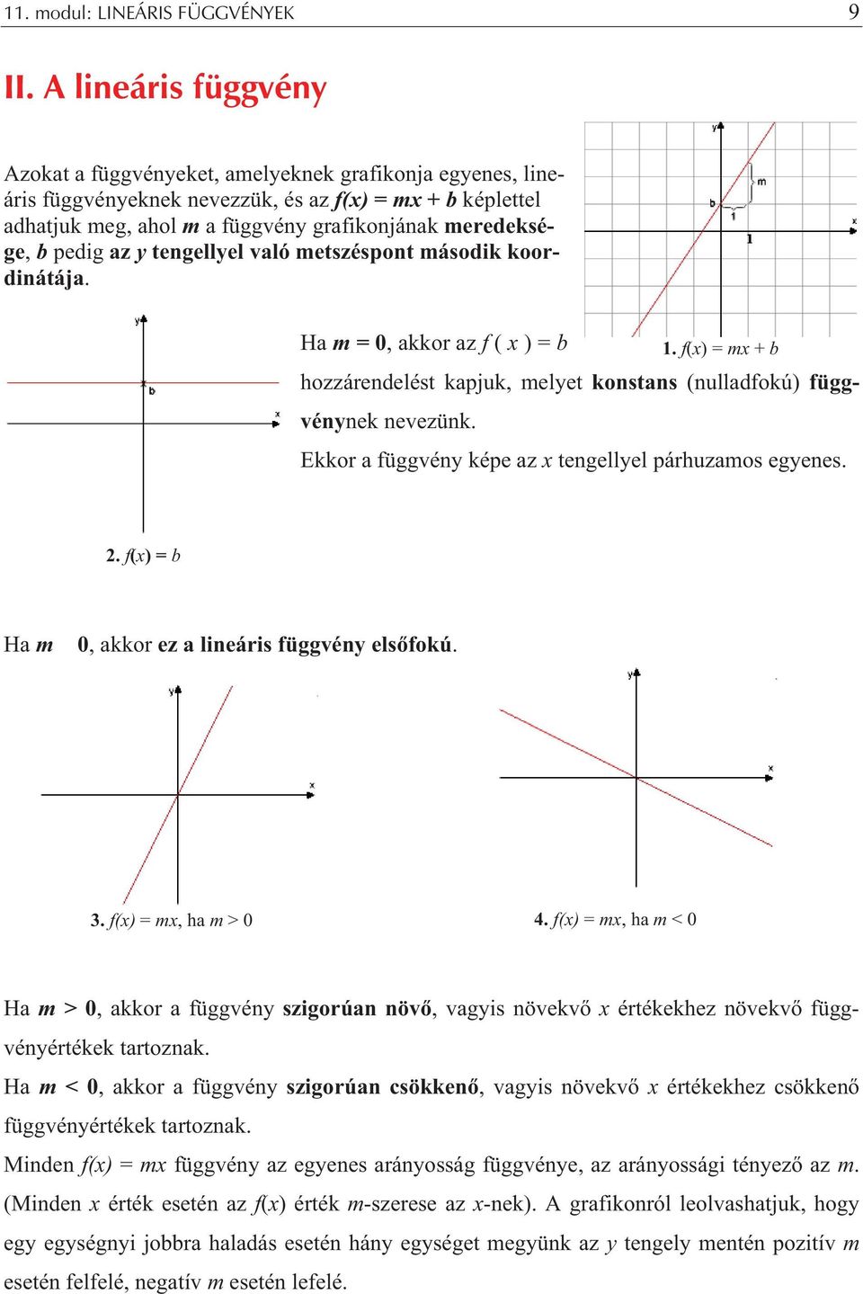 pedig az y tengellyel való metszéspont második koordinátája. Ha m = 0, akkor az f ( x ) = b. f(x) = mx + b hozzárendelést kapjuk, melyet konstans (nulladfokú) függvénynek nevezünk.