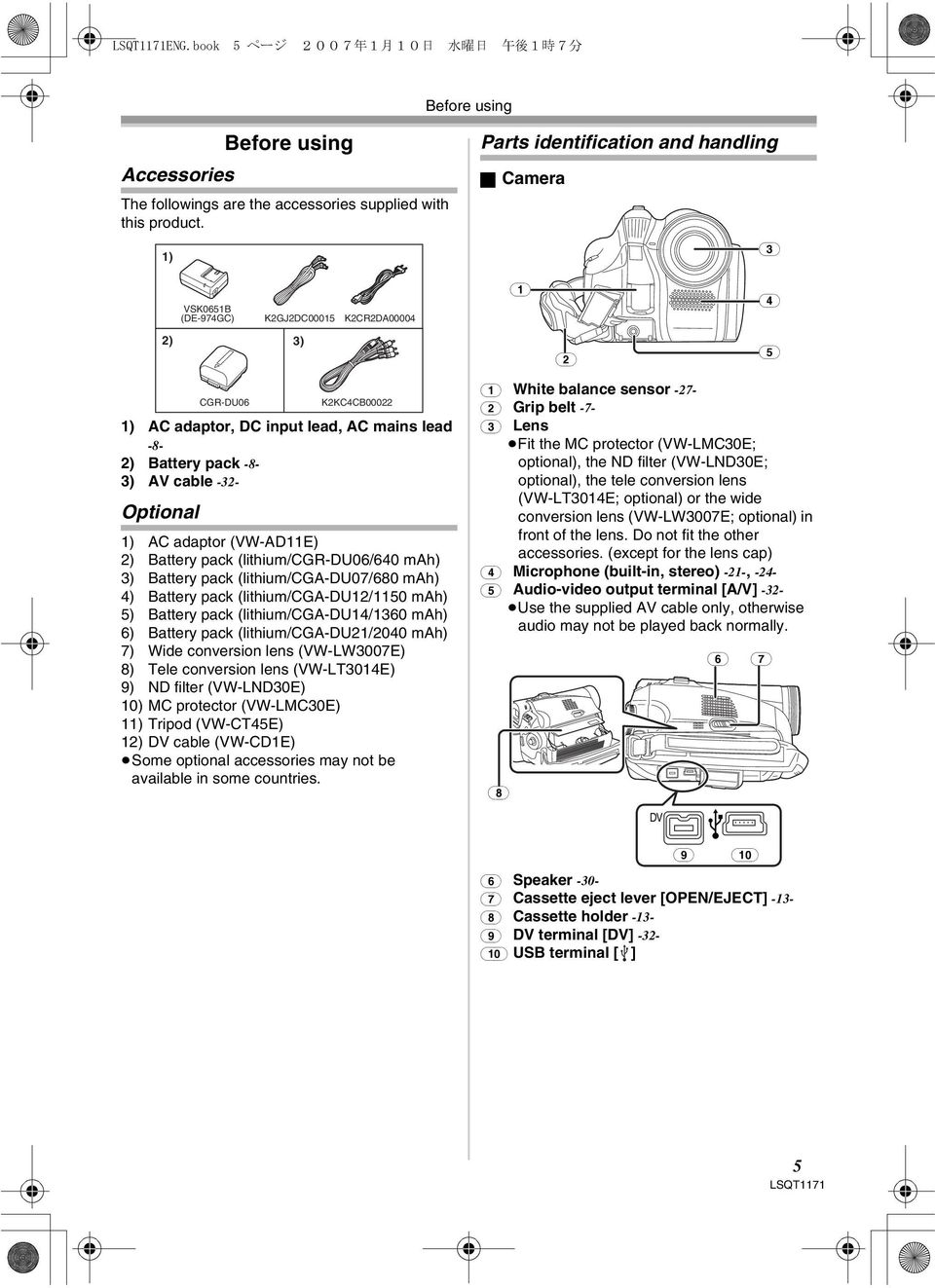 -32- Optional CGR-DU06 K2KC4CB00022 1) AC adaptor (VW-AD11E) 2) Battery pack (lithium/cgr-du06/640 mah) 3) Battery pack (lithium/cga-du07/680 mah) 4) Battery pack (lithium/cga-du12/1150 mah) 5)