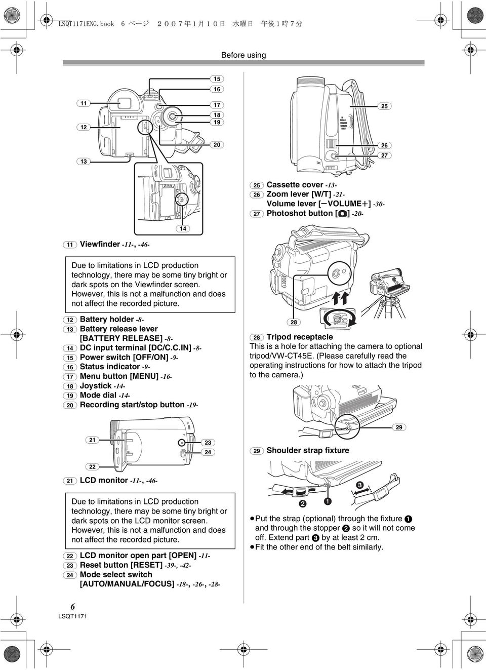 However, this is not a malfunction and does not affect the recorded picture. (12) Battery holder -8- (13) Battery release lever [BATTERY RELEASE] -8- (14) DC 