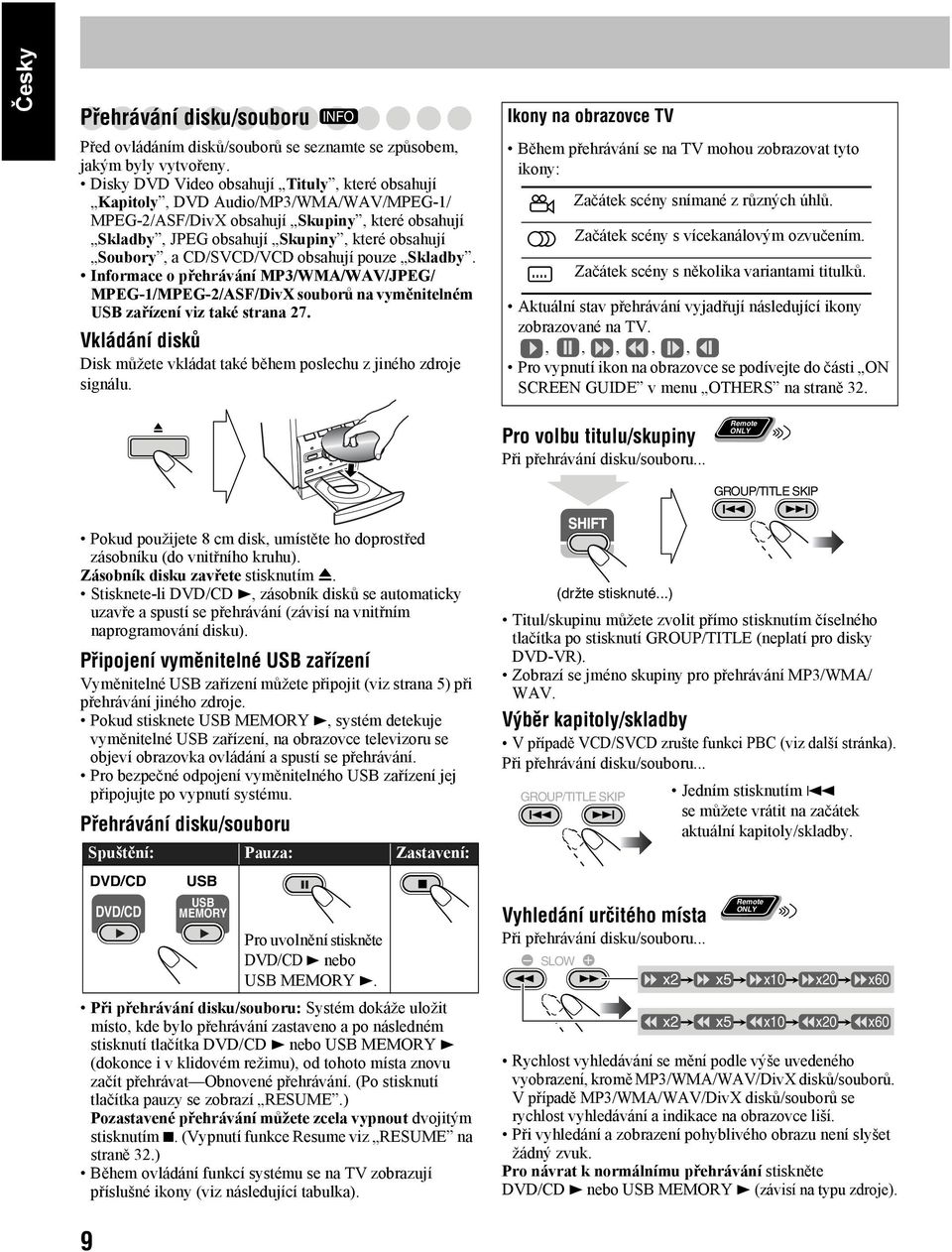 CD/SVCD/VCD obsahují pouze Skladby. Informace o přehrávání MP3/WMA/WAV/JPEG/ MPEG-1/MPEG-2/ASF/DivX souborů na vyměnitelném USB zařízení viz také strana 27.