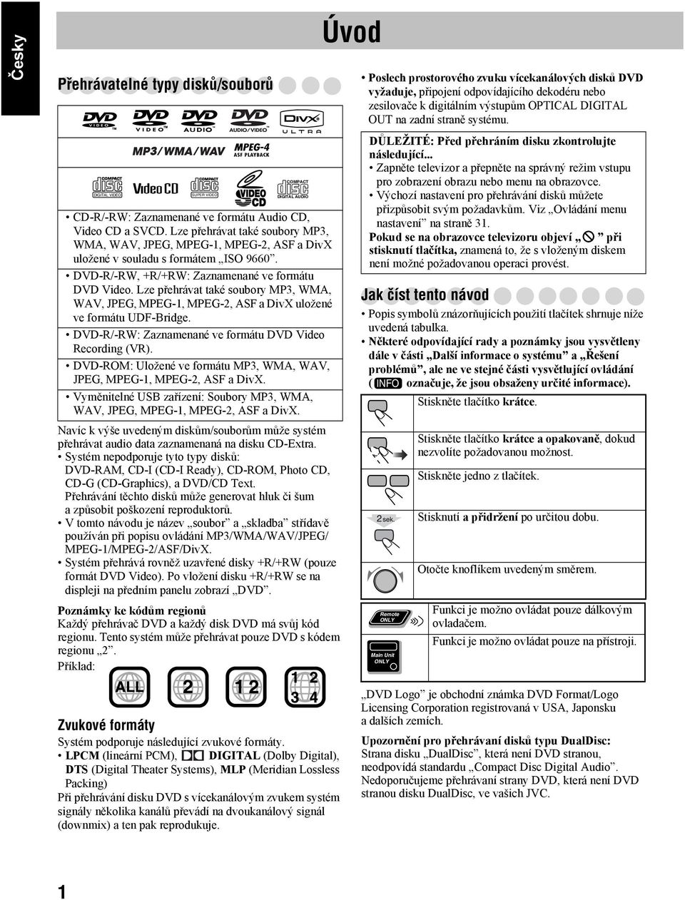 Lze přehrávat také soubory MP3, WMA, WAV, JPEG, MPEG-1, MPEG-2, ASF a DivX uložené ve formátu UDF-Bridge. DVD-R/-RW: Zaznamenané ve formátu DVD Video Recording (VR).