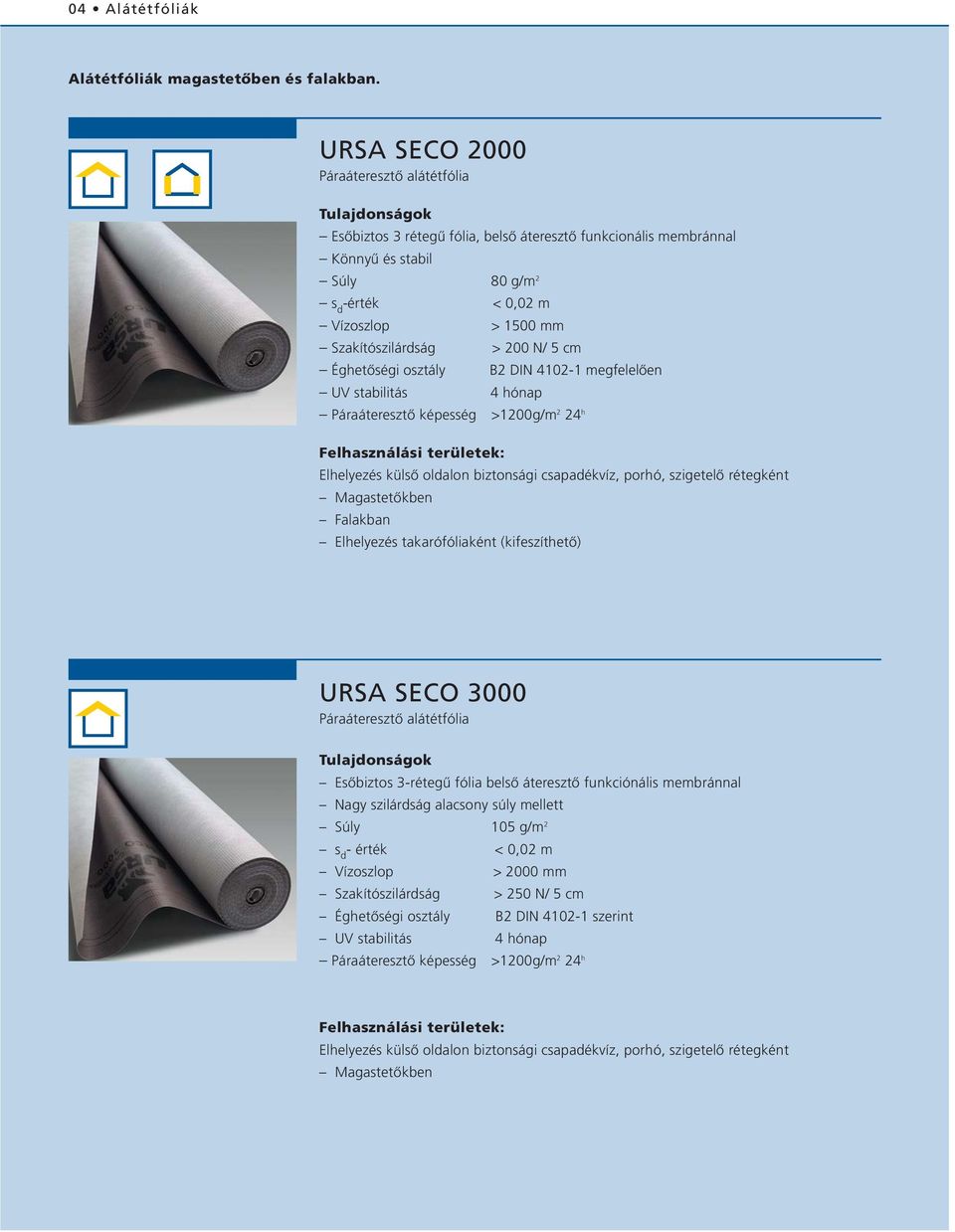 200 N/ 5 cm Éghetõségi osztály B2 DIN 4102-1 megfelelõen UV stabilitás 4 hónap Páraáteresztõ képesség >1200g/m 2 24 h Felhasználási területek: Elhelyezés külsõ oldalon biztonsági csapadékvíz, porhó,