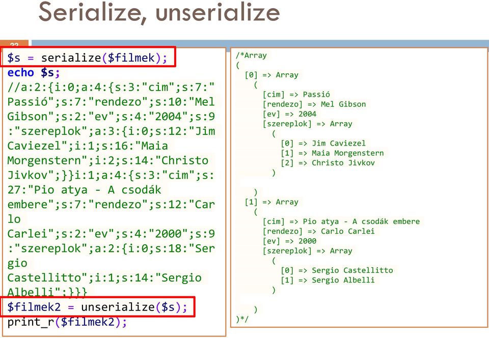 :"szereplok";a:2:{i:0;s:18:"ser gio Castellitto";i:1;s:14:"Sergio Albelli"; $filmek2 = unserialize($s); print_r($filmek2); /*Array ( [0] => Array ( [cim] => Passió [rendezo] => Mel Gibson [ev] =>