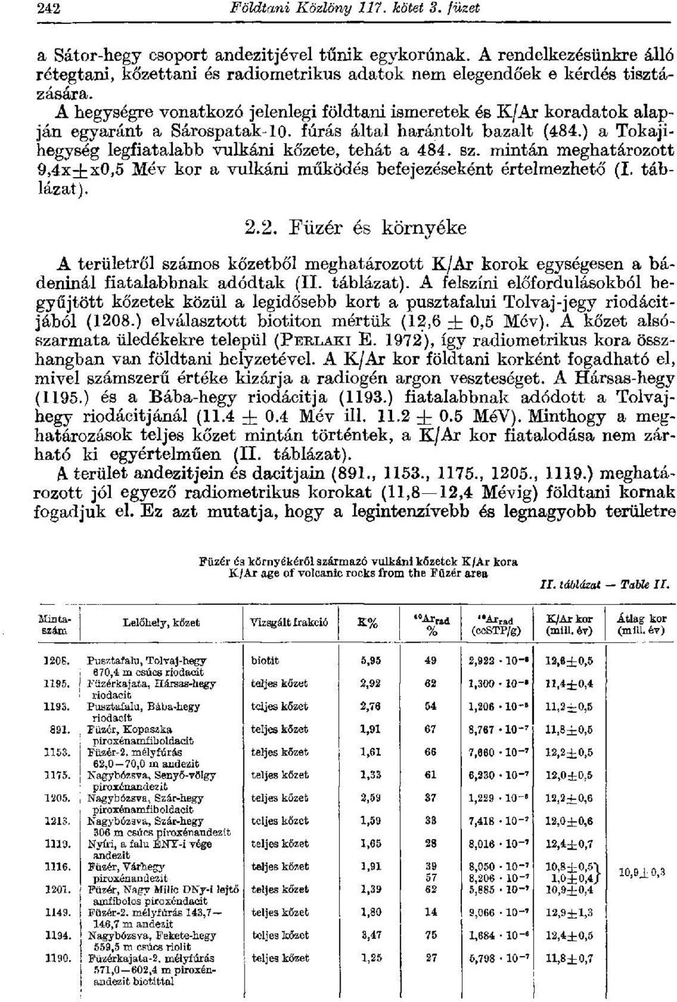 mintán meghatározott 9,4x^x0,5 Mév kor a vulkáni működés befejezéseként értelmezhető (I. táblázat). 2.