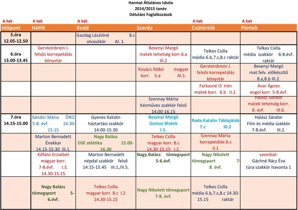 média 6.b,7.c,8.c matek korr. 6.b. Táblajáték 7.c tömegsport 7-8. évf. média szakkör 6-8.évf. mat.felv. előkészítő 8.a,8.b. Avar Ágnes angol korr. 5-8.évf. matek tehetség korr.