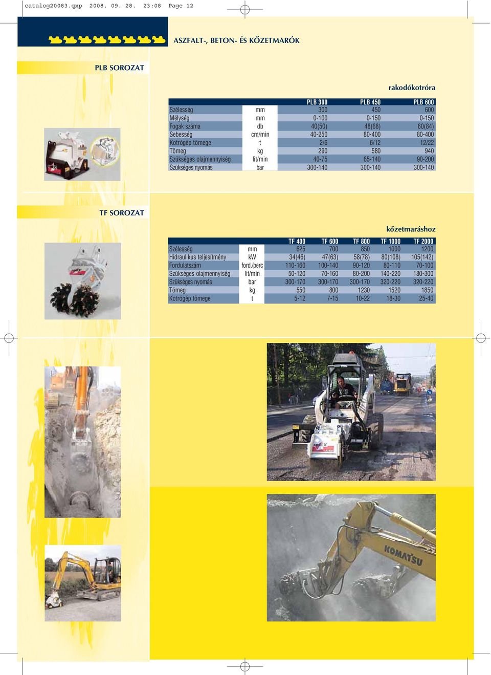 cm/min 40-250 80-400 80-400 Kotrógép tömege t 2/6 6/12 12/22 Tömeg kg 290 580 940 Szükséges olajmennyiség lit/min 40-75 65-140 90-200 Szükséges nyomás bar 300-140 300-140 300-140 TF SOROZAT