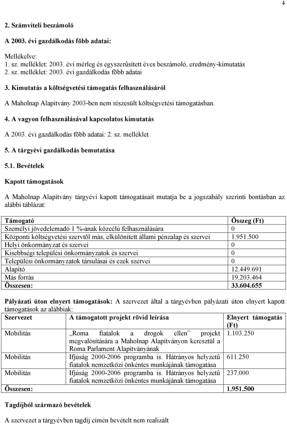 évi gazdálkodás fõbb adatai: 2. sz. melléklet 5. A tárgyévi gazdálkodás bemutatása 5.1.