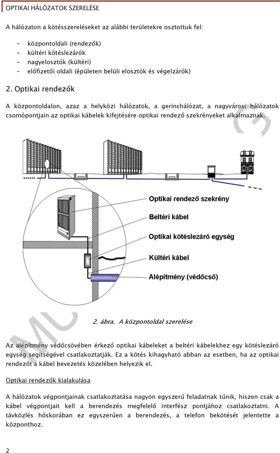 Optikai rendezők A központoldalon, azaz a helyközi hálózatok, a gerinchálózat, a nagyvárosi hálózatok csomópontjain az optikai kábelek kifejtésére optikai rendező szekrényeket alkalmaznak. 2. ábra.