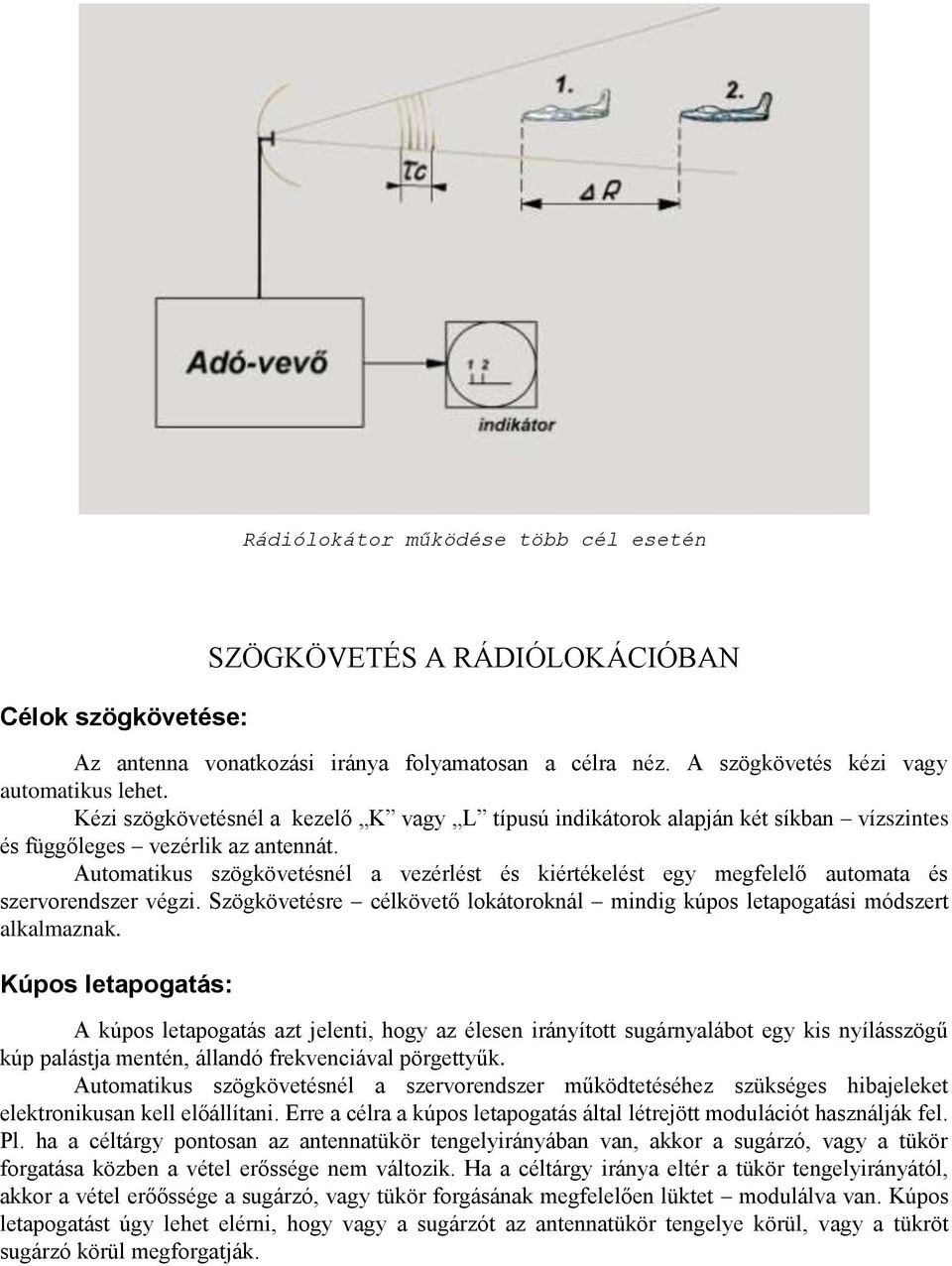 Automatikus szögkövetésnél a vezérlést és kiértékelést egy megfelelő automata és szervorendszer végzi. Szögkövetésre célkövető lokátoroknál mindig kúpos letapogatási módszert alkalmaznak.