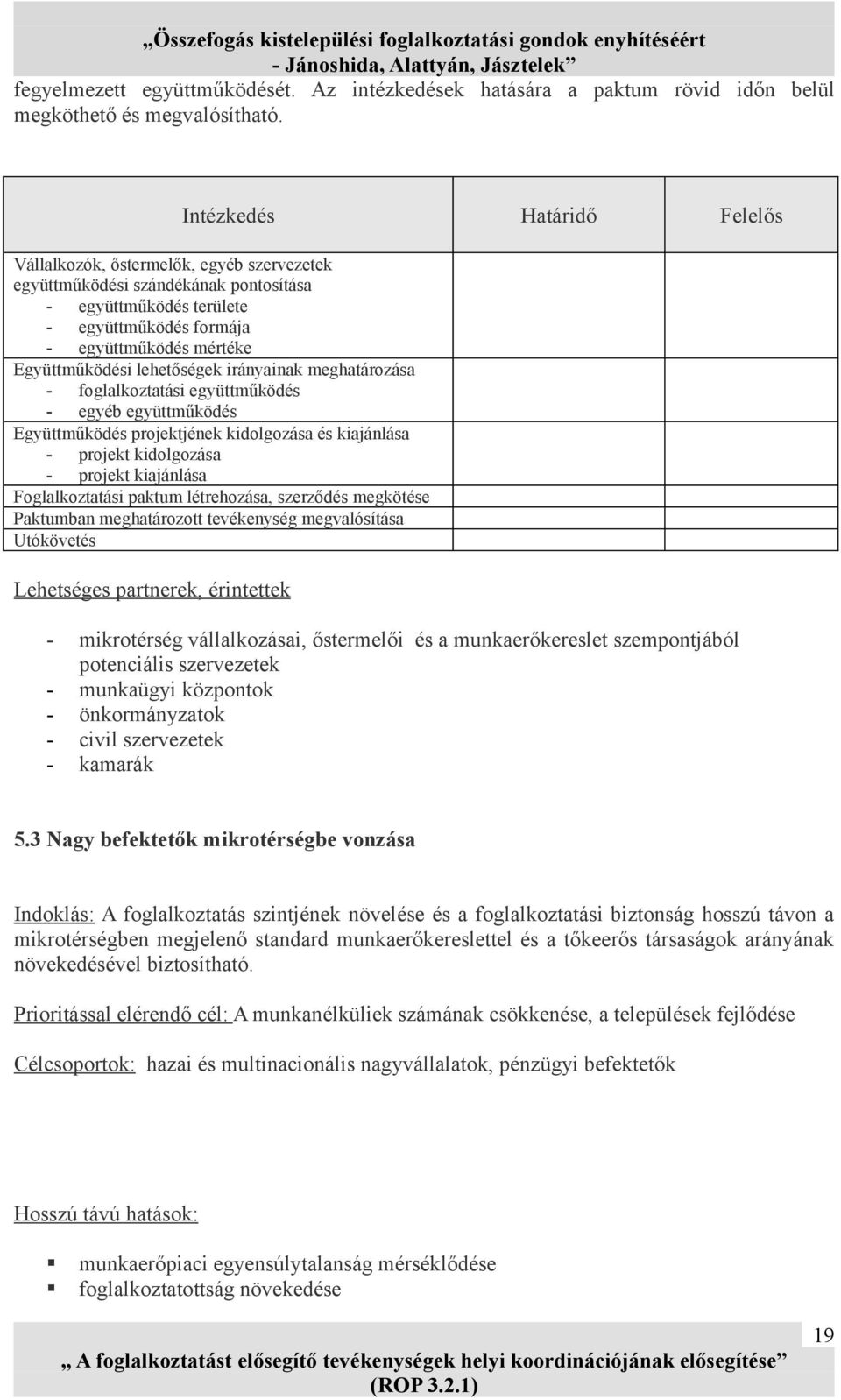 lehetőségek irányainak meghatározása - foglalkoztatási együttműködés - egyéb együttműködés Együttműködés projektjének kidolgozása és kiajánlása - projekt kidolgozása - projekt kiajánlása